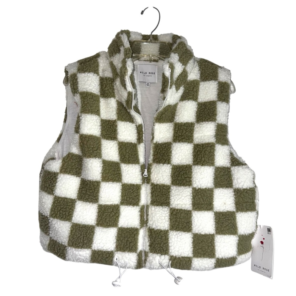 Wild Rose Checkered Fleece Puffer Vest - Olive and White size M NWT